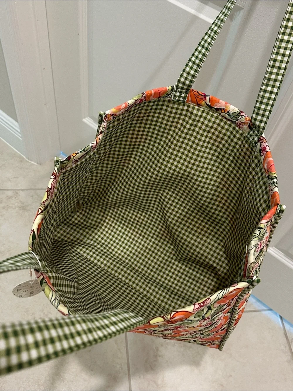 Vera Bradley Peach Floral Quilted Tote in Green and Coral